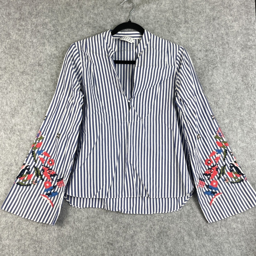 Tanya Taylor Klara‎ Top Womens 4 Striped Embroidered Flared Sleeve Cotton $350